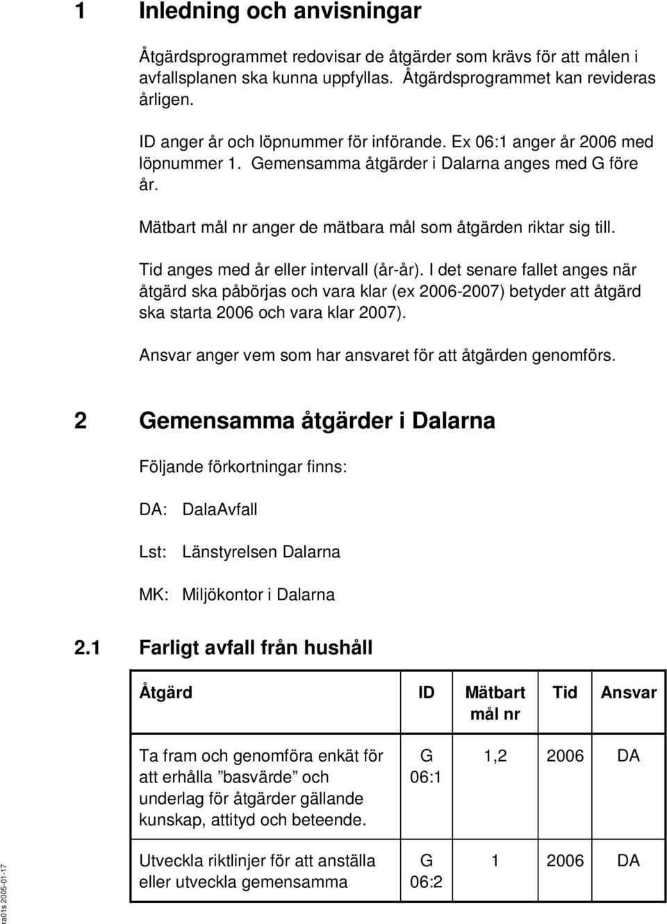 anges med år eller intervall (år-år). I det senare fallet anges när åtgärd ska påbörjas och vara klar (ex 2006-2007) betyder att åtgärd ska starta 2006 och vara klar 2007).