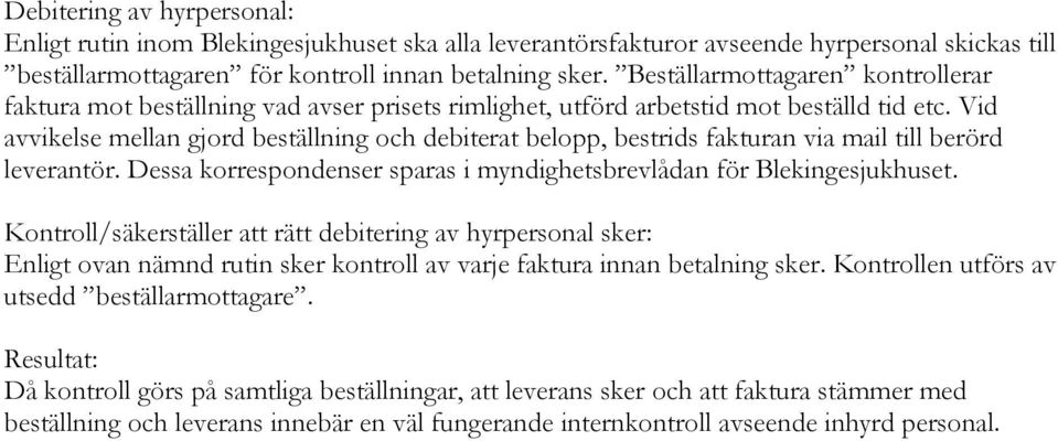 Vid avvikelse mellan gjord beställning och debiterat belopp, bestrids fakturan via mail till berörd leverantör. Dessa korrespondenser sparas i myndighetsbrevlådan för Blekingesjukhuset.