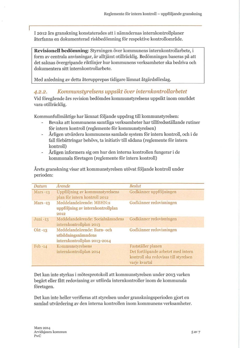 Bedömningen baseras på att det salmas övergripande riktlinjer hur kommunens verksamheter ska bedriva och dokumentera sitt internkontrollarbete.