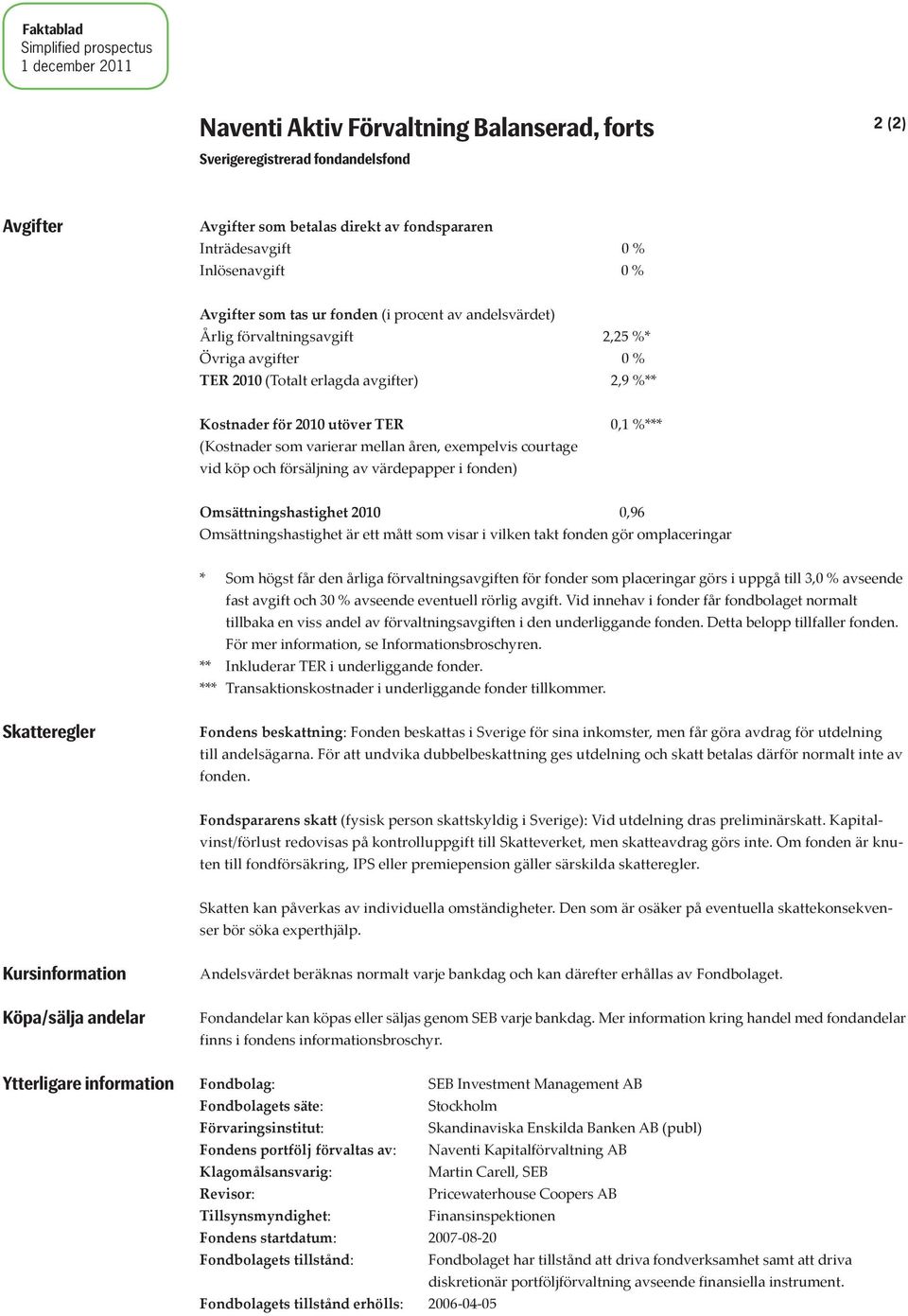 TER 0,1 %*** (Kostnader som varierar mellan åren, exempelvis courtage vid köp och försäljning av värdepapper i fonden) Omsättningshastighet 2010 0,96 Omsättningshastighet är ett mått som visar i