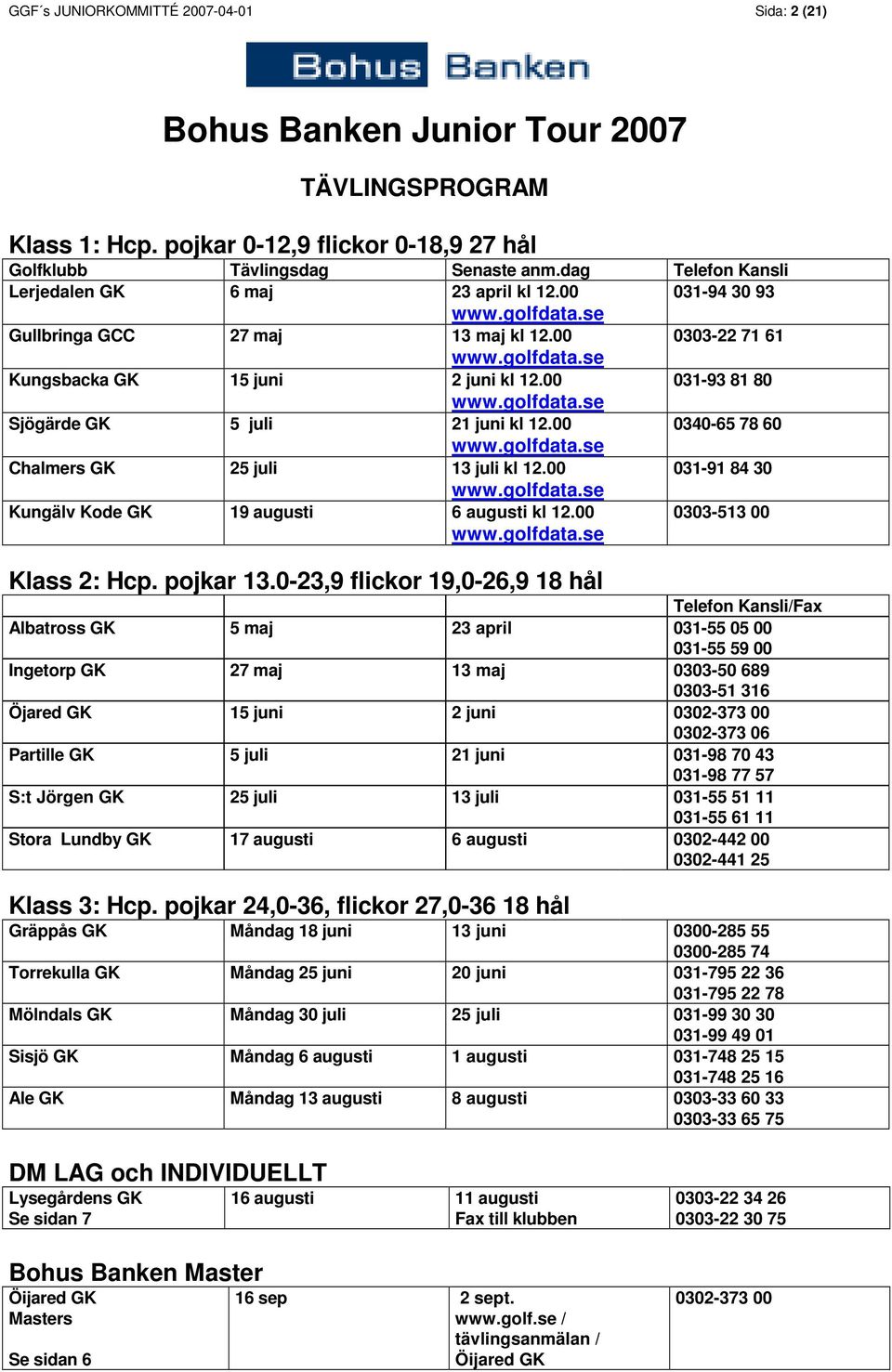 00 0340-65 78 60 Chalmers GK 25 juli 13 juli kl 12.00 031-91 84 30 Kungälv Kode GK 19 augusti 6 augusti kl 12.00 0303-513 00 Klass 2: Hcp. pojkar 13.