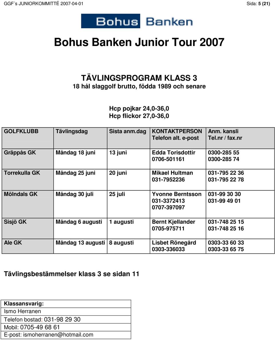 e-post Gräppås GK Måndag 18 juni 13 juni Edda Torisdottir 0706-501161 Torrekulla GK Måndag 25 juni 20 juni Mikael Hultman 031-7952236 Mölndals GK Måndag 30 juli 25 juli Yvonne Berntsson 031-3372413