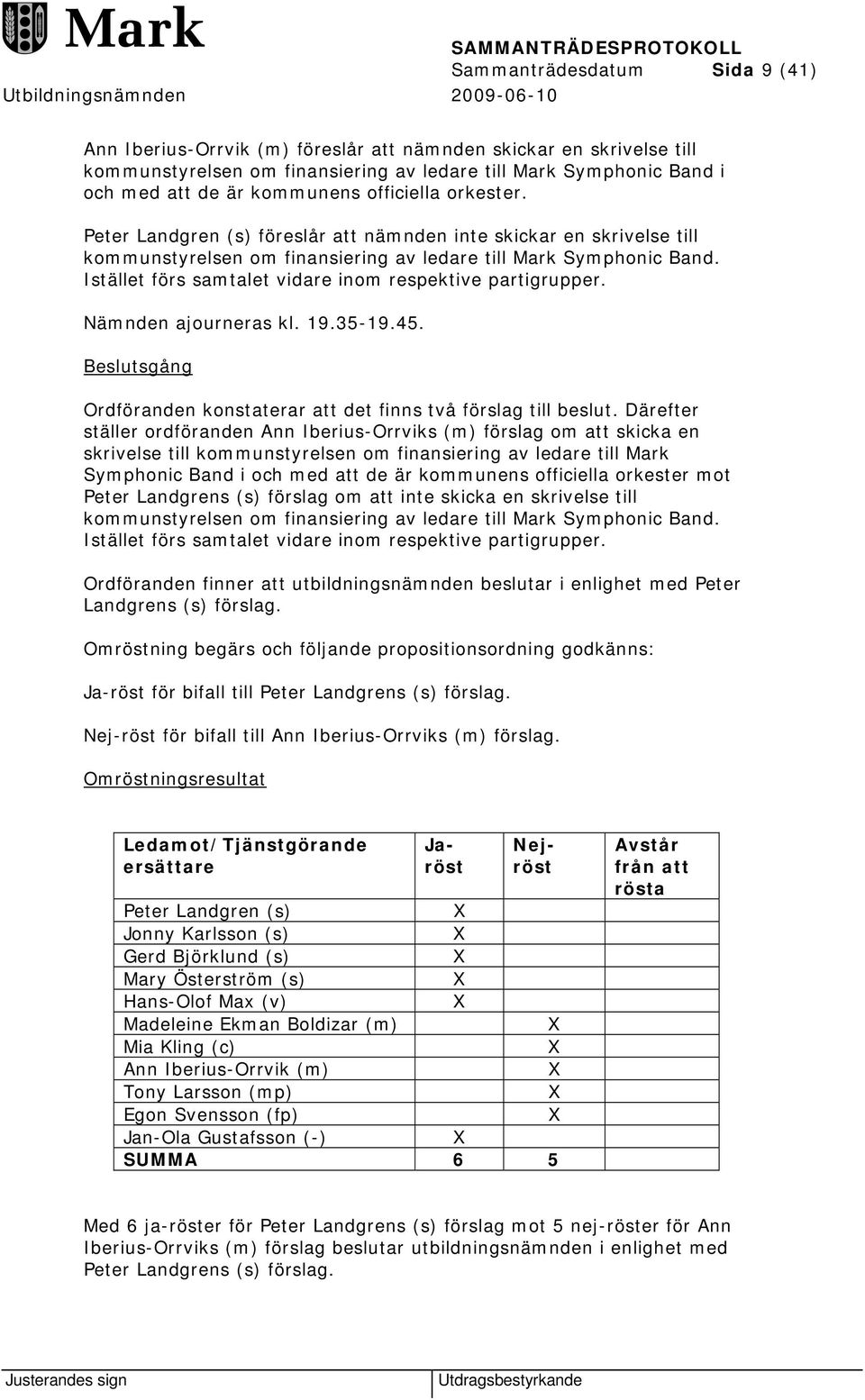 Istället förs samtalet vidare inom respektive partigrupper. Nämnden ajourneras kl. 19.35-19.45. Beslutsgång Ordföranden konstaterar att det finns två förslag till beslut.