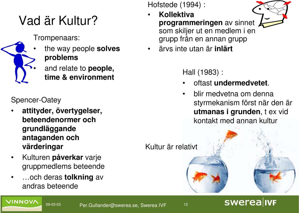 antaganden och värderingar Kulturen påverkar varje gruppmedlems beteende och deras tolkning av andras beteende Hofstede (1994) : Kollektiva programmeringen