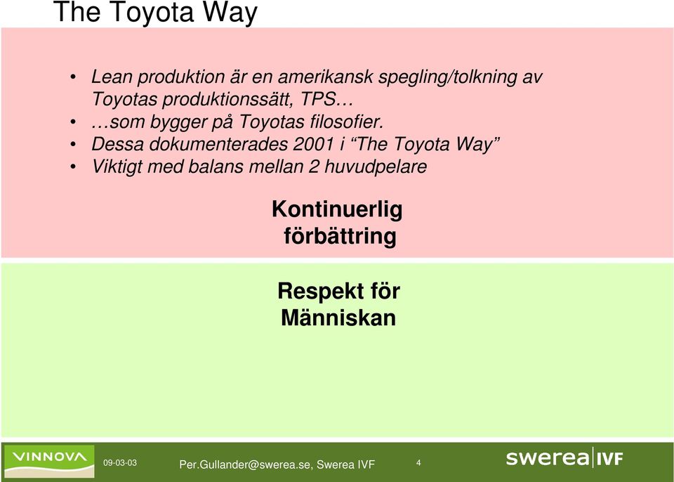 Dessa dokumenterades 2001 i The Toyota Way Viktigt med balans mellan 2