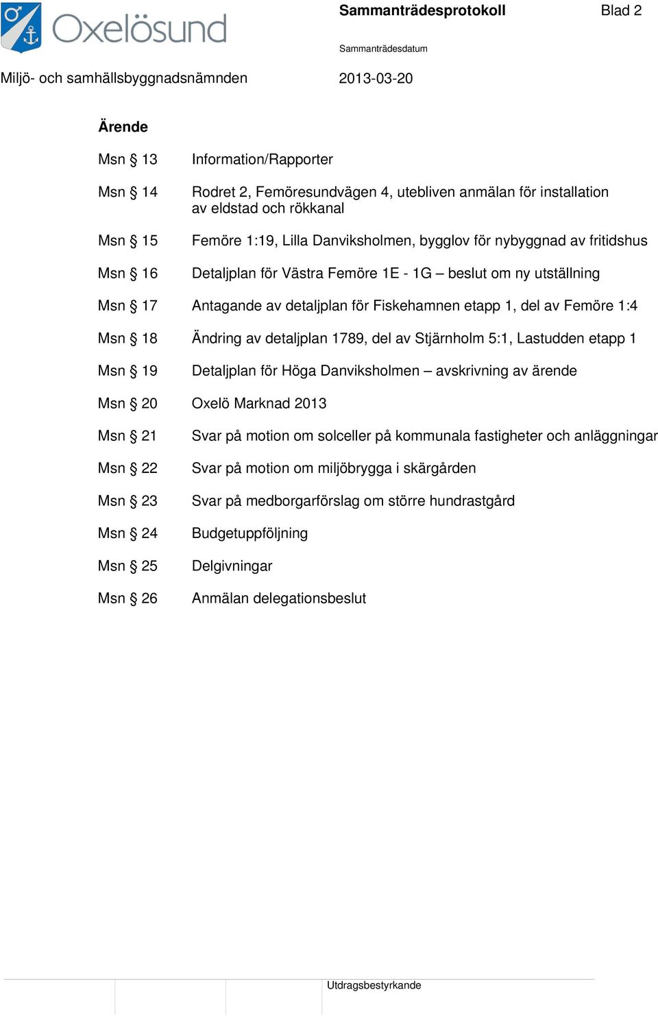 Ändring av detaljplan 1789, del av Stjärnholm 5:1, Lastudden etapp 1 Msn 19 Detaljplan för Höga Danviksholmen avskrivning av ärende Msn 20 Oxelö Marknad 2013 Msn 21 Msn 22 Msn 23 Msn 24 Msn 25 Msn 26