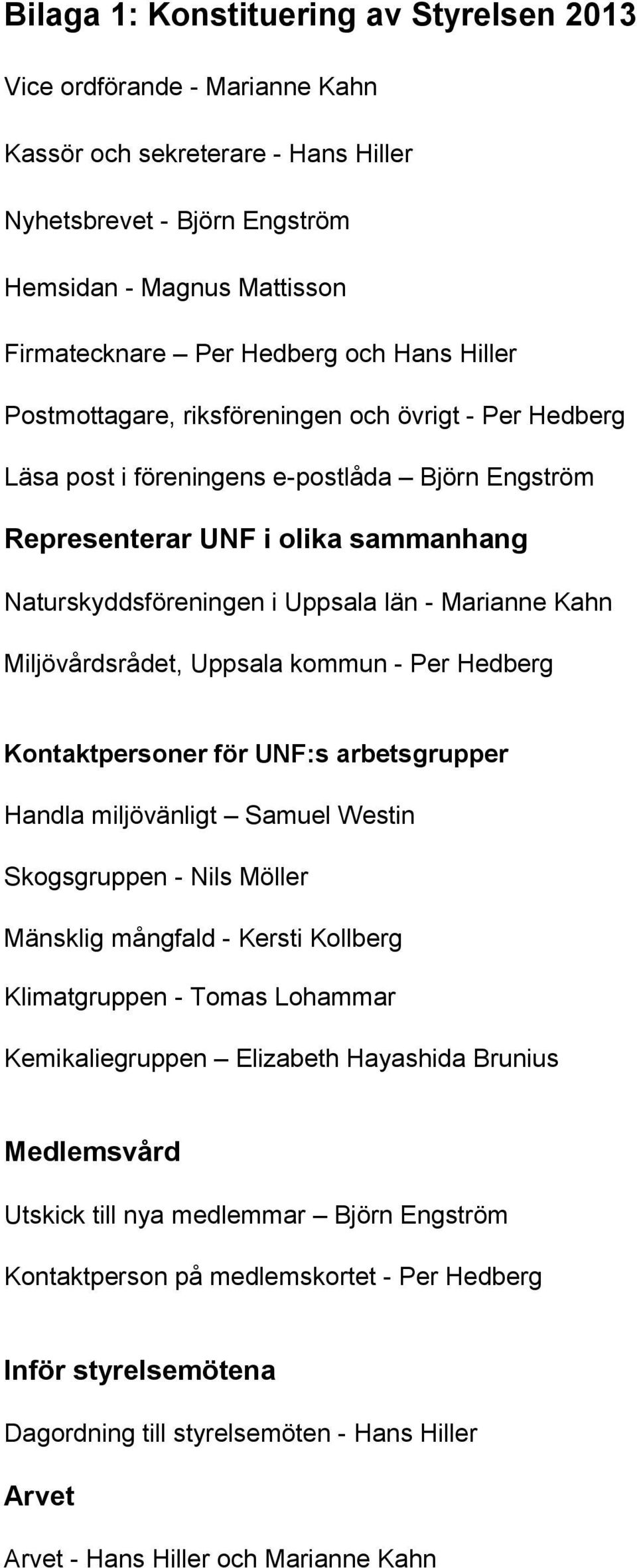 Marianne Kahn Miljövårdsrådet, Uppsala kommun - Per Hedberg Kontaktpersoner för UNF:s arbetsgrupper Handla miljövänligt Samuel Westin Skogsgruppen - Nils Möller Mänsklig mångfald - Kersti Kollberg