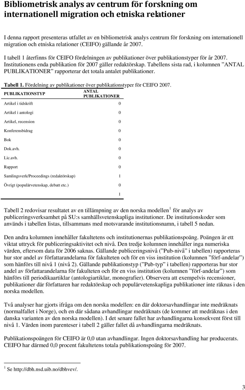 Institutionens enda publikation för 2007 gäller redaktörskap. Tabellens sista rad, i kolumnen ANTAL PUBLIKATIONER rapporterar det totala antalet publikationer. Tabell 1.