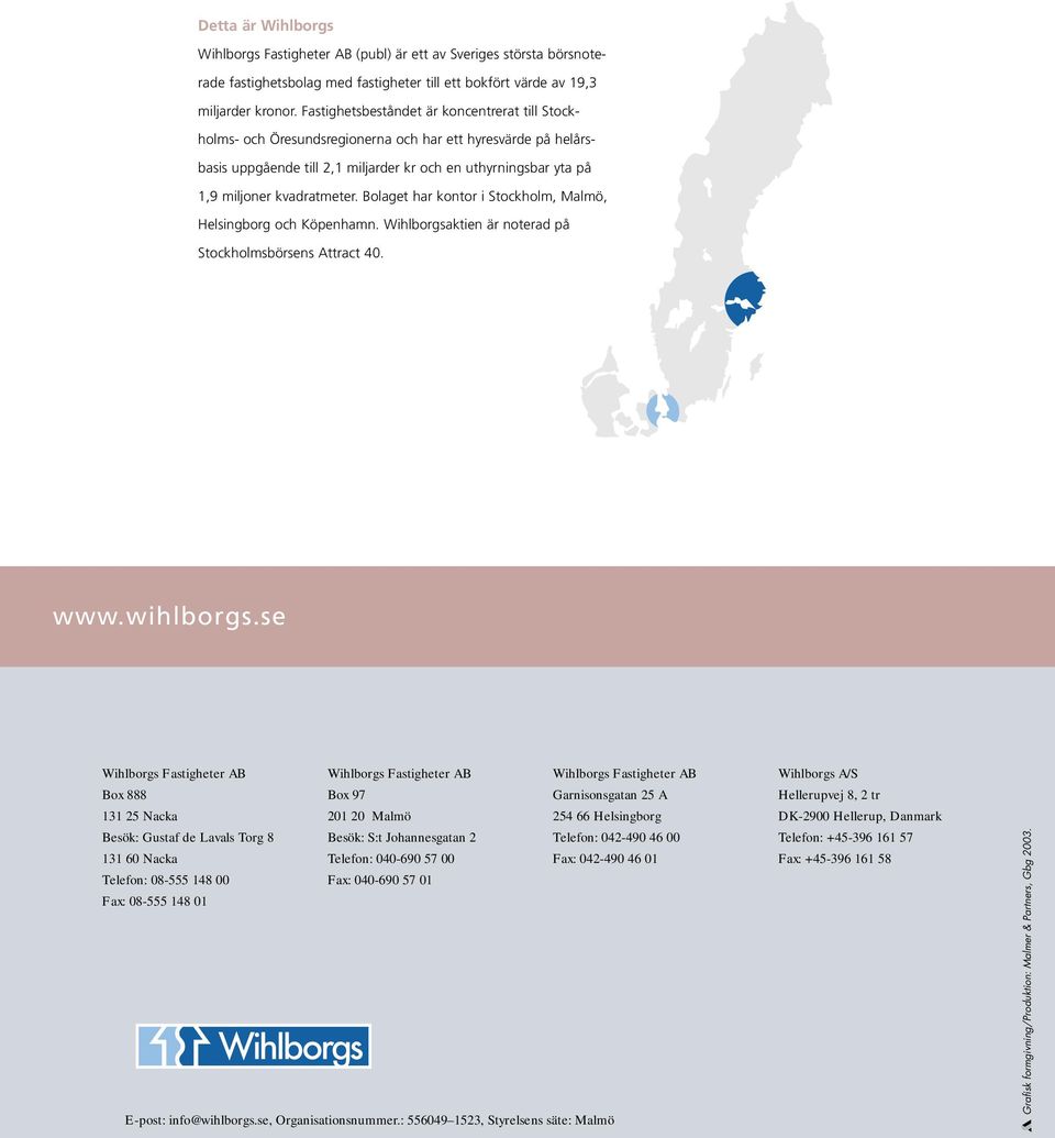 Bolaget har kontor i Stockholm, Malmö, Helsingborg och Köpenhamn. Wihlborgsaktien är noterad på Stockholmsbörsens Attract 40. www.wihlborgs.