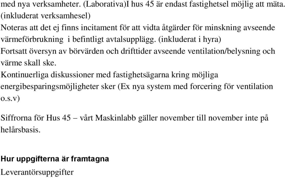 (inkluderat i hyra) Fortsatt översyn av börvärden och drifttider avseende ventilation/belysning och värme skall ske.