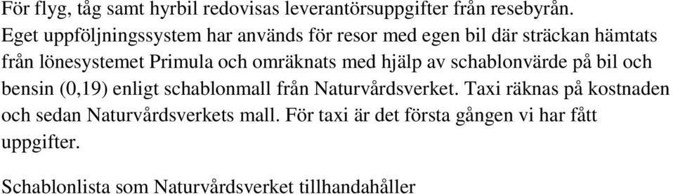 omräknats med hjälp av schablonvärde på bil och bensin (0,19) enligt schablonmall från Naturvårdsverket.