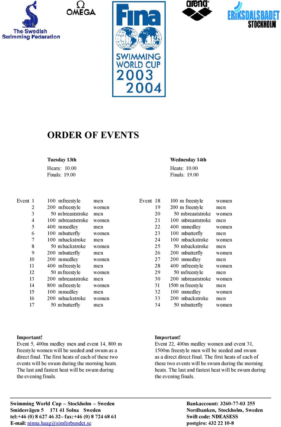 00 Event 1 100 mfreestyle men Event 18 100 m freestyle women 2 200 mfreestyle women 19 200 m freestyle men 3 50 m breaststroke men 20 50 mbreaststroke women 4 100 mbreaststroke women 21 100