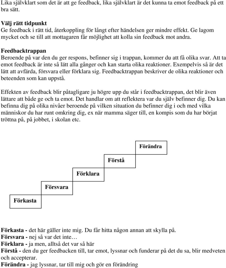 Feedbacktrappan Beroende på var den du ger respons, befinner sig i trappan, kommer du att få olika svar. Att ta emot feedback är inte så lätt alla gånger och kan starta olika reaktioner.