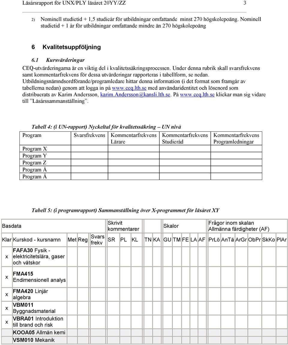 Under denna rubrik skall svarsfrekvens samt kommentarfrekvens för dessa utvärderingar rapporteras i tabellform, se nedan.