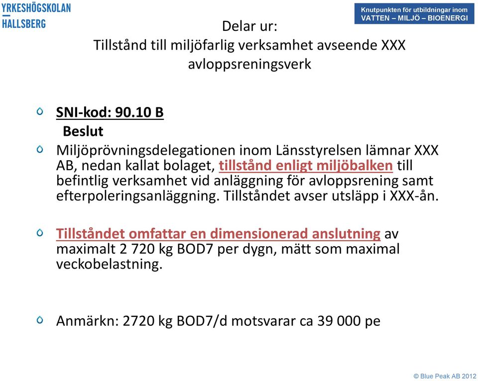 befintlig verksamhet vid anläggning för avloppsrening samt efterpoleringsanläggning. Tillståndet avser utsläpp i XXX-ån.