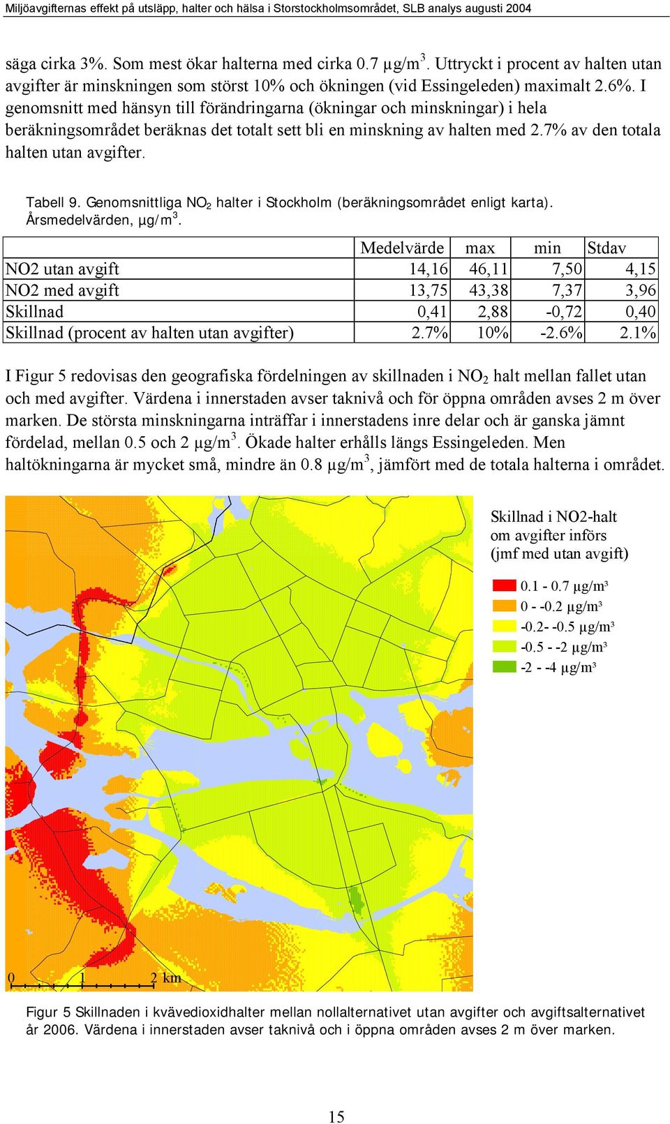 Tabell 9. Genomsnittliga NO 2 halter i Stockholm (beräkningsområdet enligt karta). Årsmedelvärden, µg/m 3.