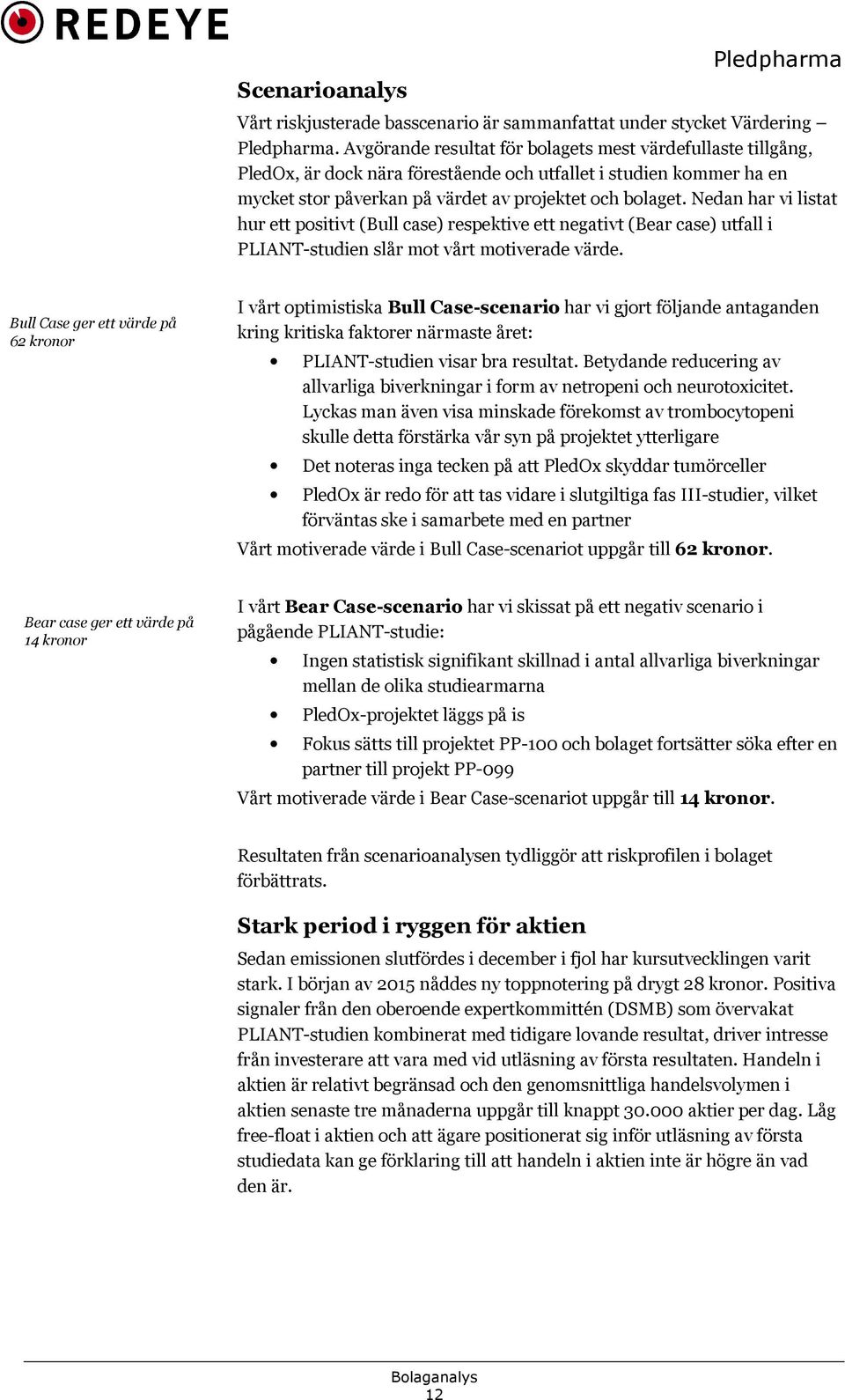 Nedan har vi listat hur ett positivt (Bull case) respektive ett negativt (Bear case) utfall i PLIANT-studien slår mot vårt motiverade värde.