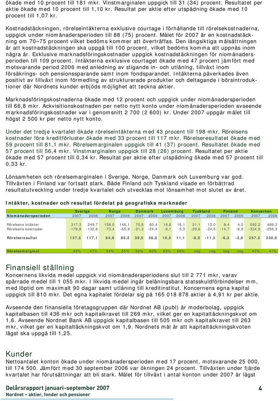 Kostnadstäckningen, rörelseintäkterna exklusive courtage i förhållande till rörelsekostnaderna, uppgick under niomånadersperioden till 88 (75) procent.