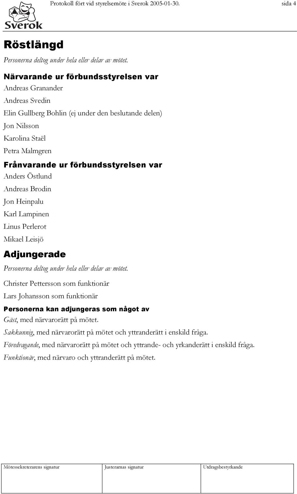 var Anders Östlund Andreas Brodin Jon Heinpalu Karl Lampinen Linus Perlerot Mikael Leisjö Adjungerade Personerna deltog under hela eller delar av mötet.