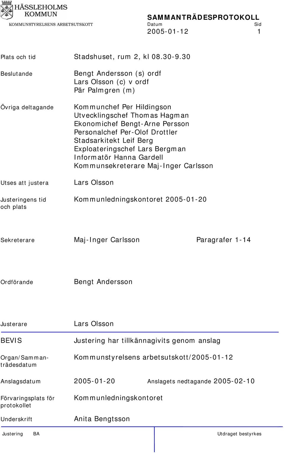 Persson Personalchef Per-Olof Drottler Stadsarkitekt Leif Berg Exploateringschef Lars Bergman Informatör Hanna Gardell Kommunsekreterare Maj-Inger Carlsson Lars Olsson Justeringens tid