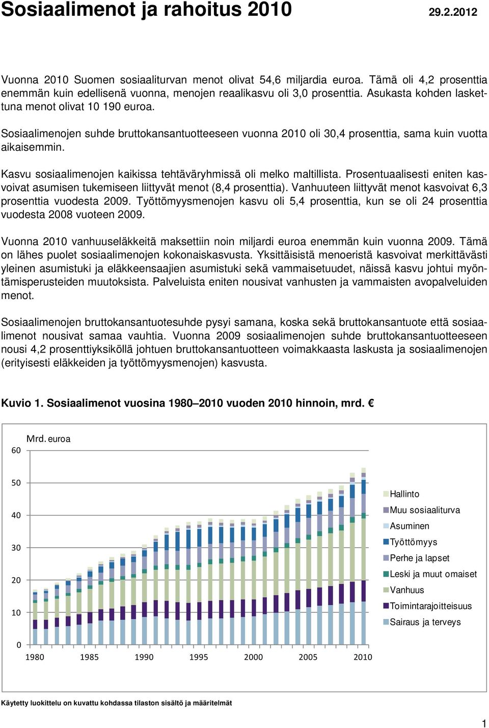 Sosiaalimenojen suhde bruttokansantuotteeseen vuonna 2010 oli 30,4 prosenttia, sama kuin vuotta aikaisemmin. Kasvu sosiaalimenojen kaikissa tehtäväryhmissä oli melko maltillista.