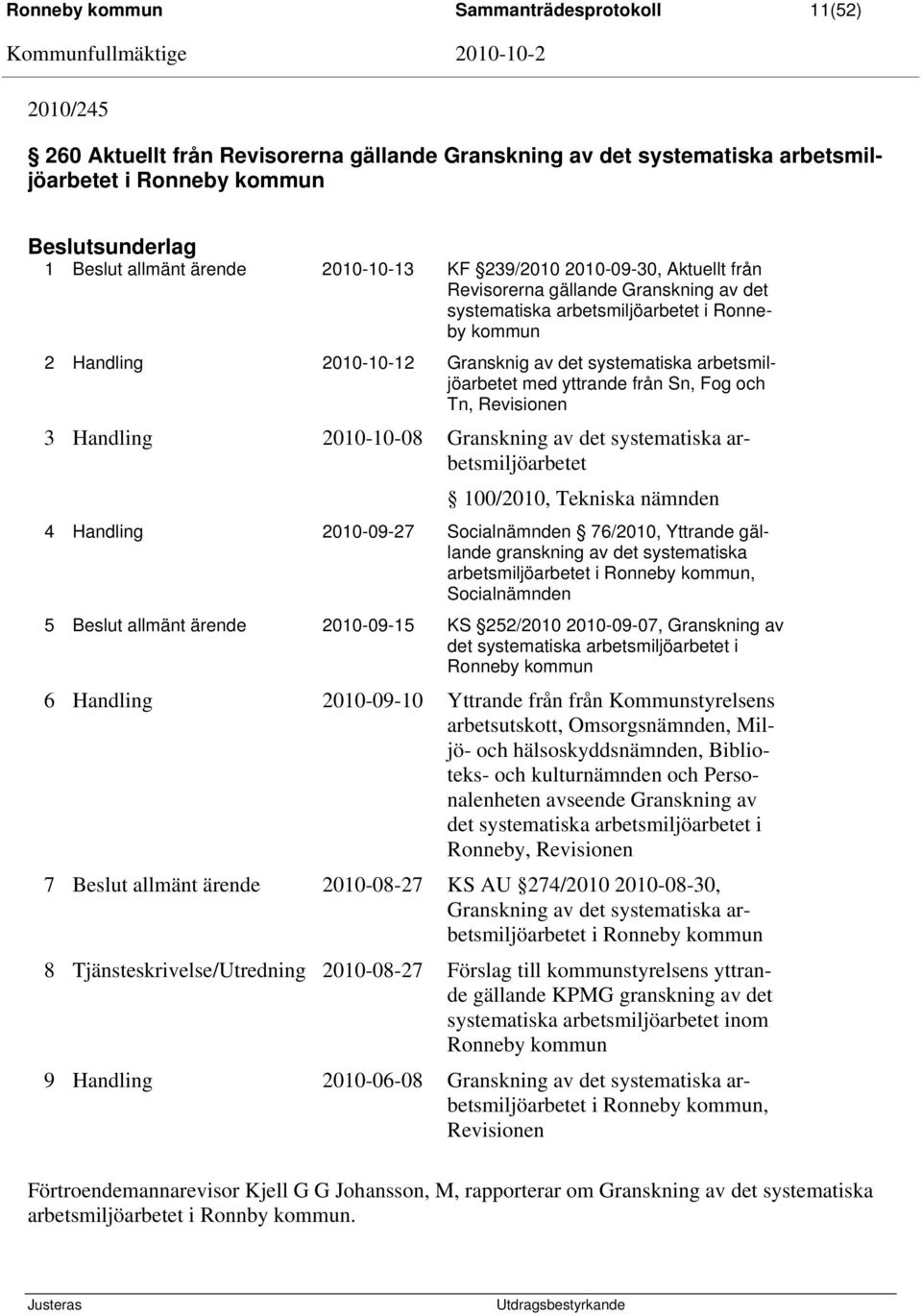 arbetsmiljöarbetet med yttrande från Sn, Fog och Tn, Revisionen 3 Handling 2010-10-08 Granskning av det systematiska arbetsmiljöarbetet 100/2010, Tekniska nämnden 4 Handling 2010-09-27 Socialnämnden