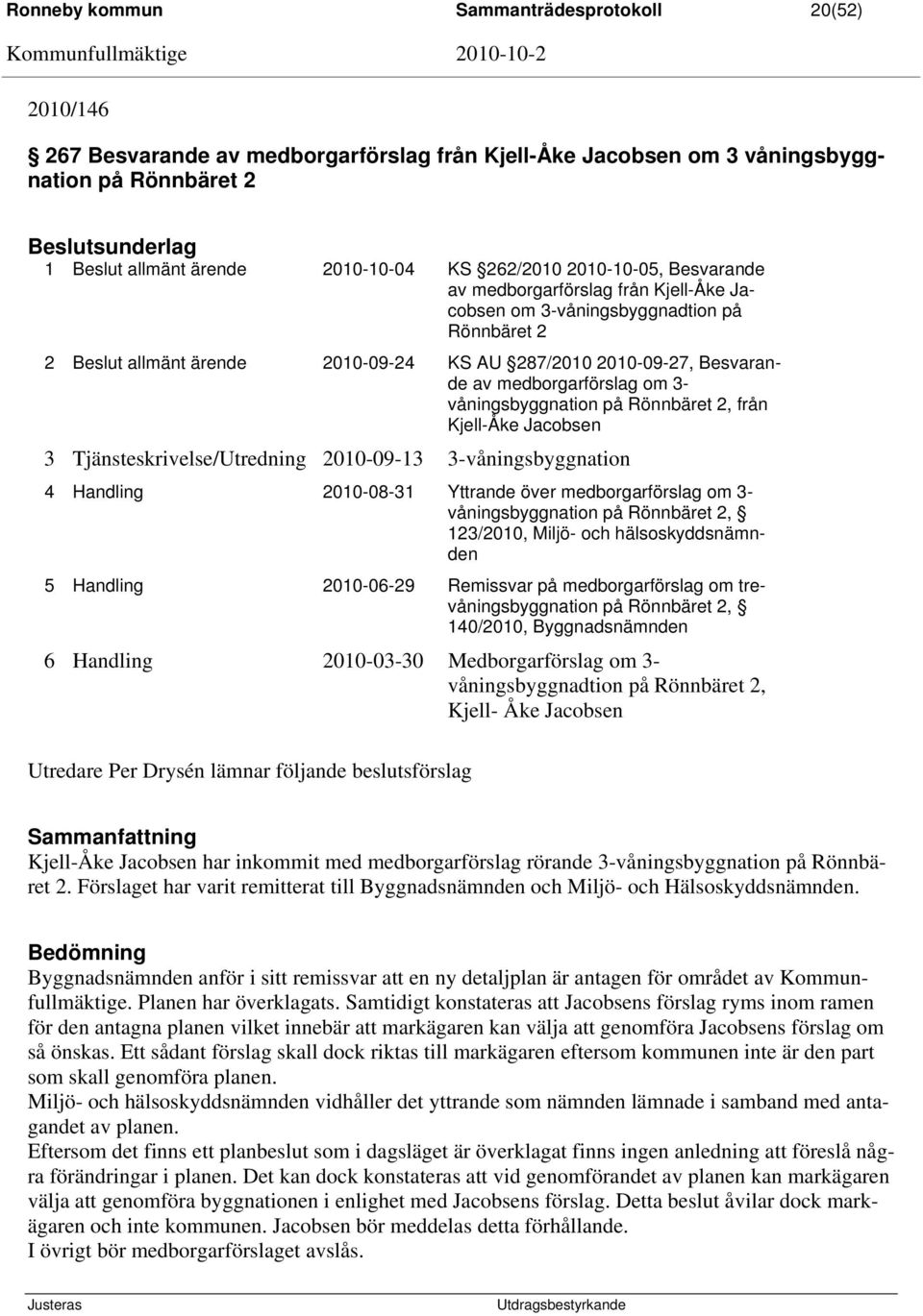 Besvarande av medborgarförslag om 3- våningsbyggnation på Rönnbäret 2, från Kjell-Åke Jacobsen 3 Tjänsteskrivelse/Utredning 2010-09-13 3-våningsbyggnation 4 Handling 2010-08-31 Yttrande över