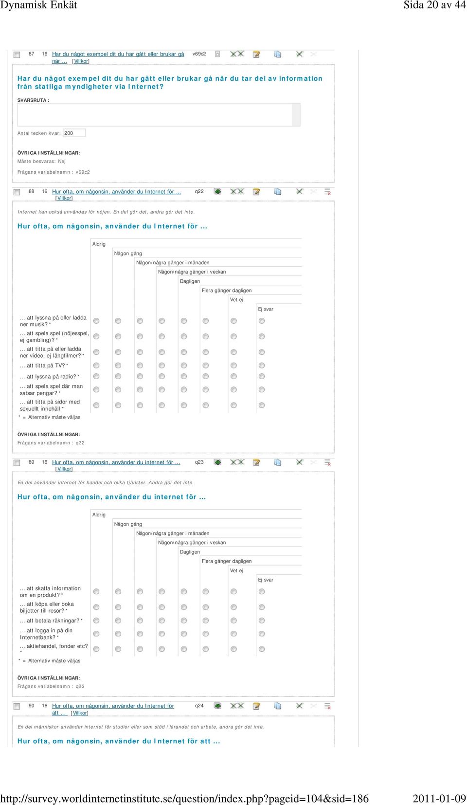 Antal tecken kvar: 200 Måste besvaras Frågans variabelnamn : v69c2 88 16 Hur ofta, om någonsin, använder du Internet för... q22 Internet kan också användas för nöjen.