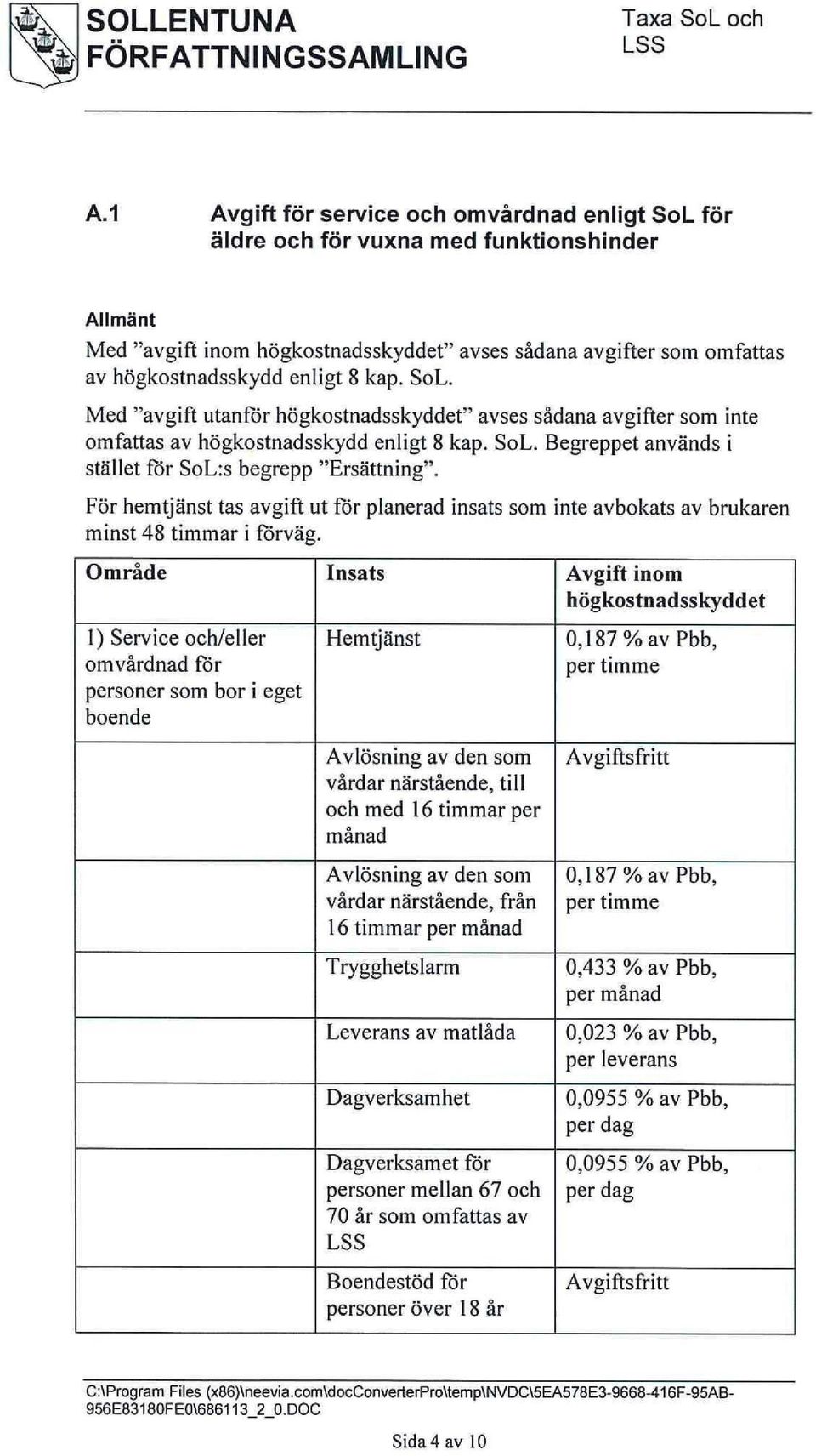 För hemtjänst tas avgift ut för planerad insats som inte avbokats av brukaren minst 48 timmar i förväg.