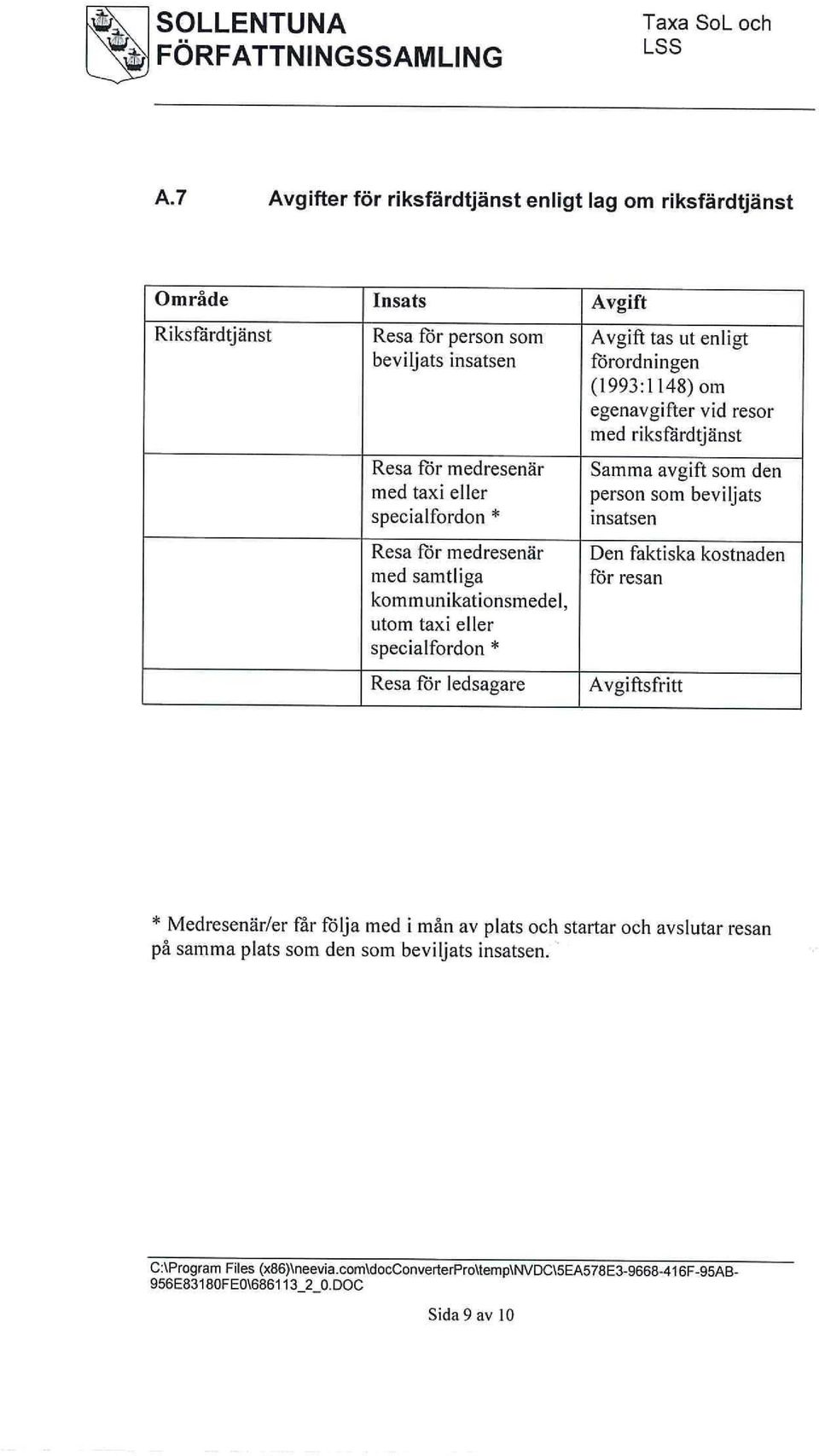 förordningen (1993:1148) om egenavgifter vid resor med riksfardtjänst Samma avgift som den person som beviljats insatsen Den faktiska kostnaden för resan