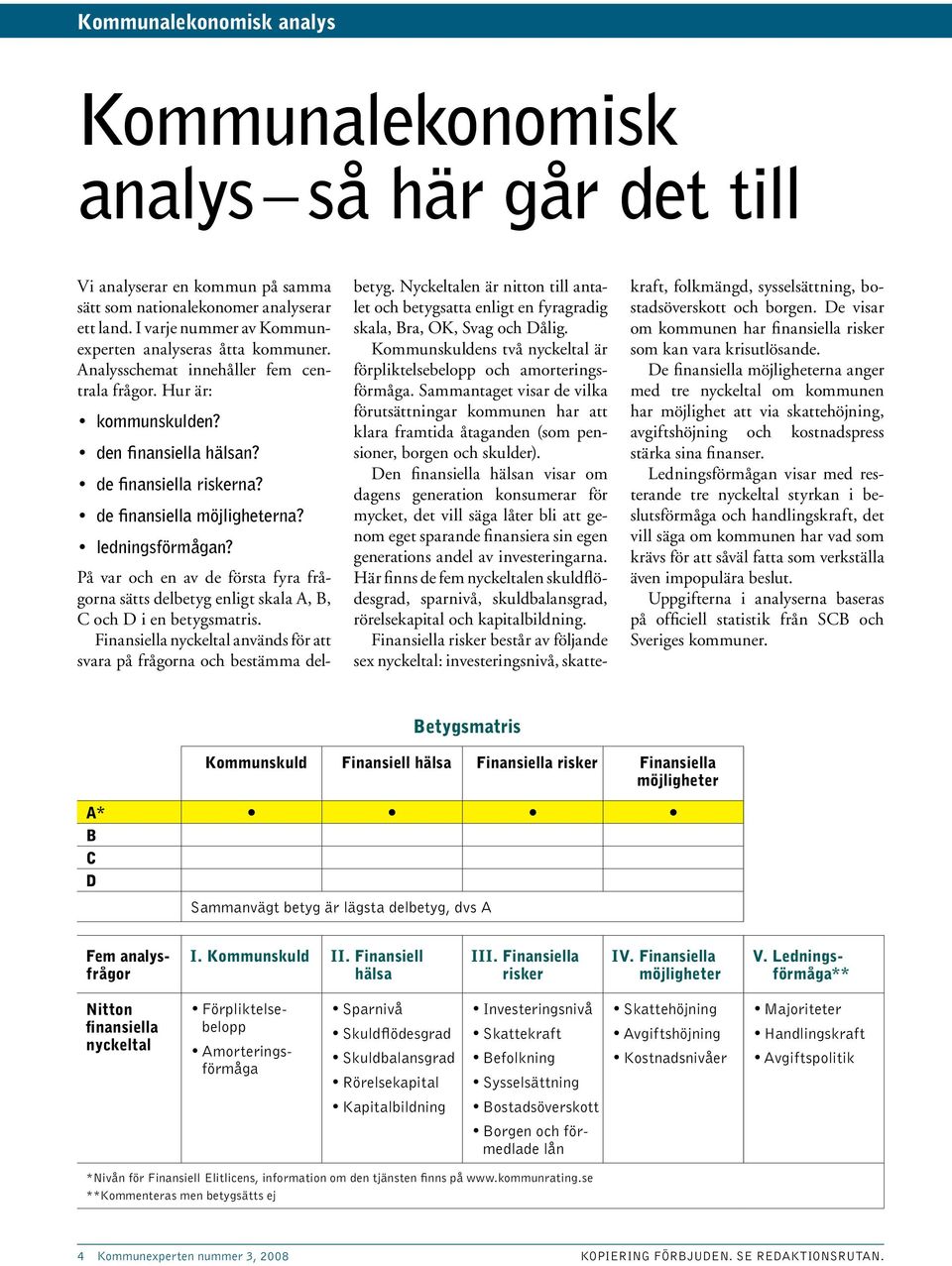 de finansiella möjlig heterna? ledningsförmågan? På var och en av de första fyra frågorna sätts delbetyg enligt skala A, B, C och D i en betygsmatris.