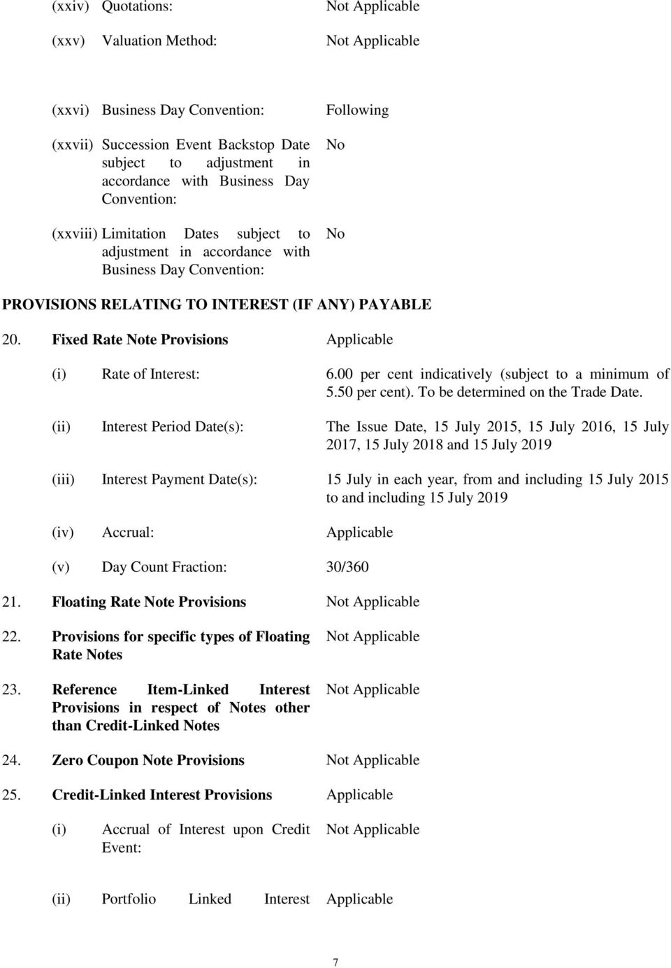 Fixed Rate Note Provisions Applicable (i) Rate of Interest: 6.00 per cent indicatively (subject to a minimum of 5.50 per cent). To be determined on the Trade Date.