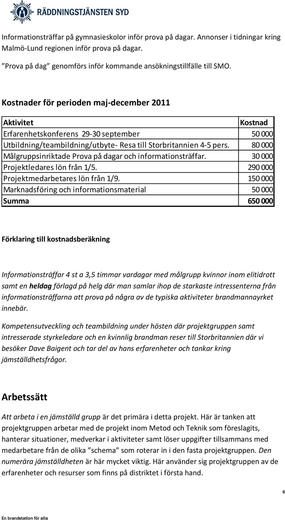 80 000 Målgruppsinriktade Prova på dagar och informationsträffar. 30 000 Projektledares lön från 1/5. 290 000 Projektmedarbetares lön från 1/9.