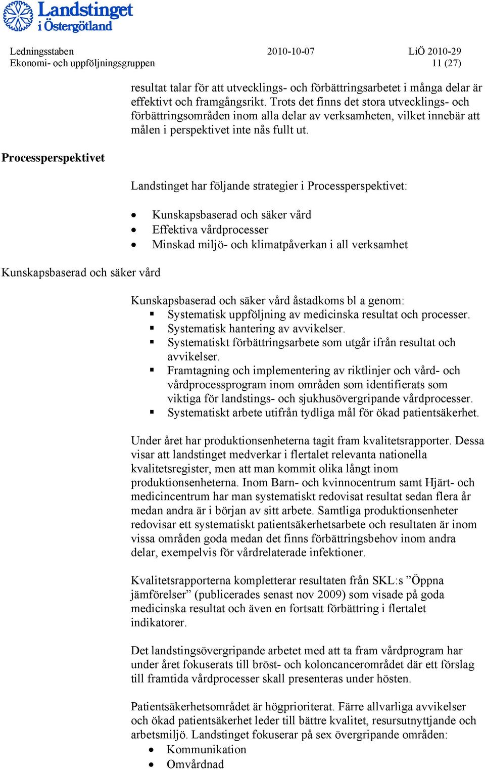 Landstinget har följande strategier i Processperspektivet: Kunskapsbaserad och säker vård Effektiva vårdprocesser Minskad miljö- och klimatpåverkan i all verksamhet Kunskapsbaserad och säker vård