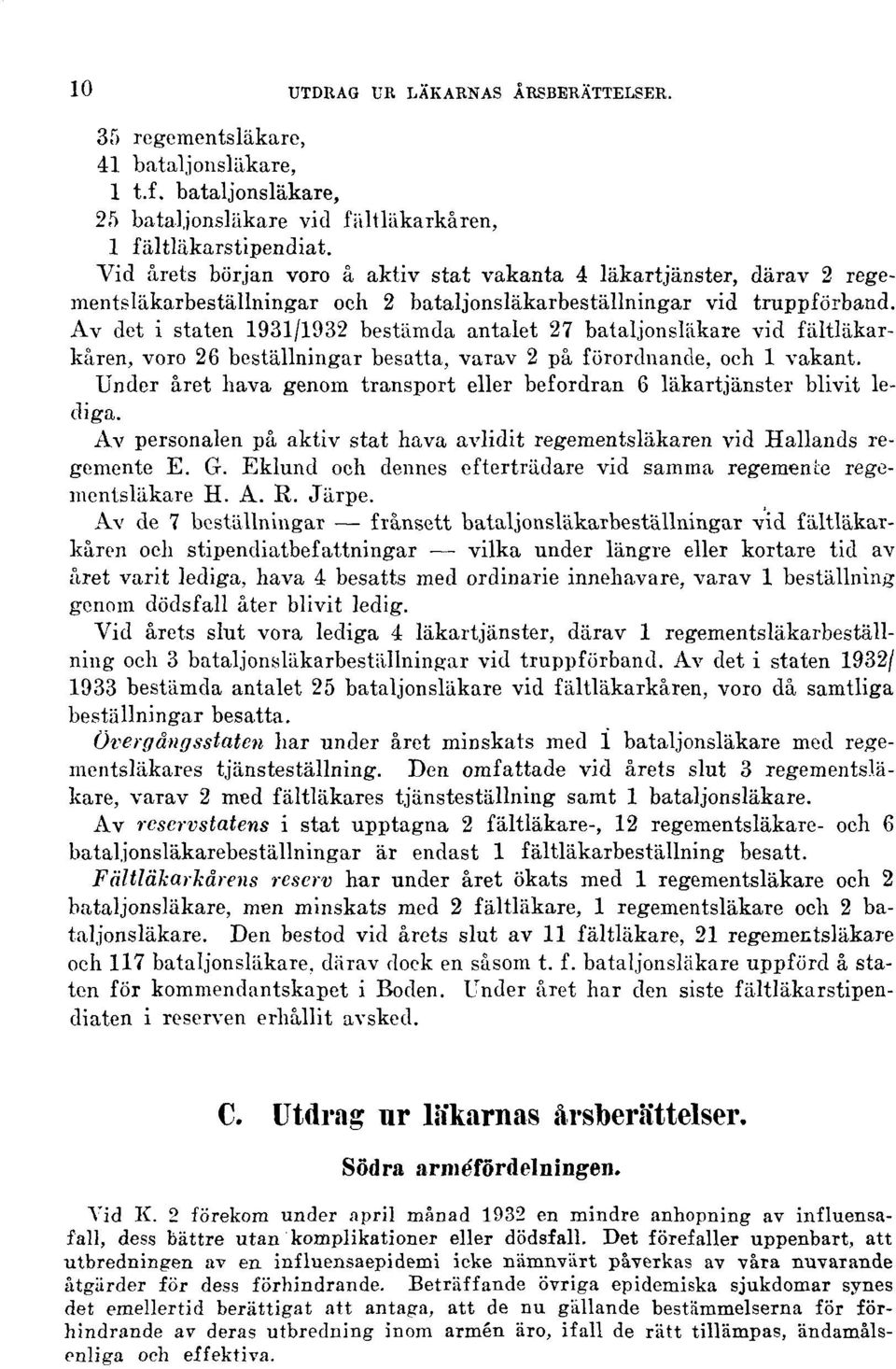 Av det i staten 1931/1932 bestämda antalet 27 bataljonsläkare vid fältläkarkåren, voro 26 beställningar besatta, varav 2 på förordnande, och 1 vakant.