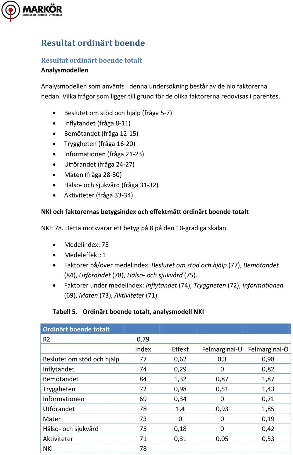 Beslutet om stöd och hjälp (fråga 5-7) Inflytandet (fråga 8-11) Bemötandet (fråga 12-15) Tryggheten (fråga 16-20) Informationen (fråga 21-23) Utförandet (fråga 24-27) Maten (fråga 28-30) Hälso- och