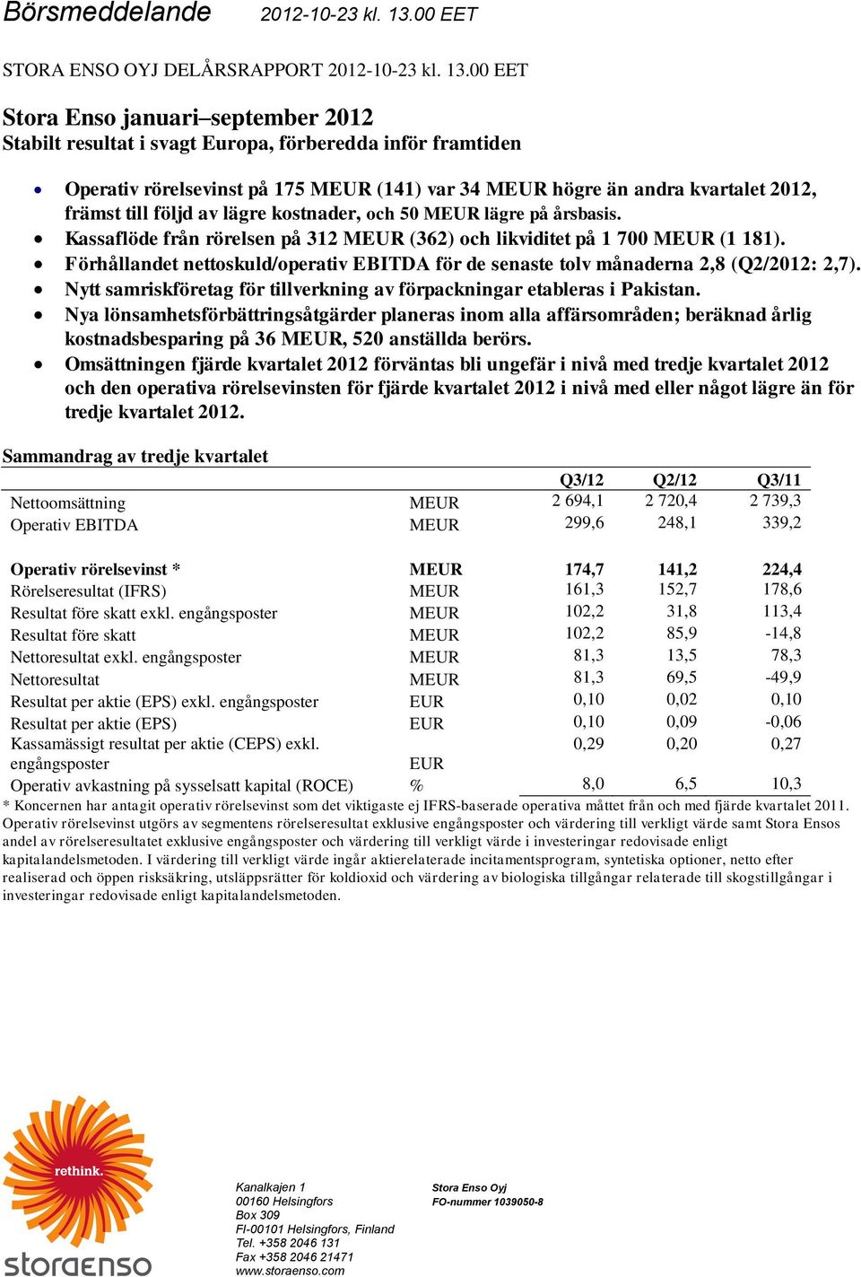 00 EET Stora Enso januari september 2012 Stabilt resultat i svagt Europa, förberedda inför framtiden Operativ rörelsevinst på 175 MEUR (141) var 34 MEUR högre än andra kvartalet 2012, främst till