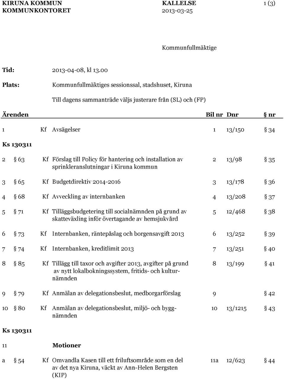 till Policy för hantering och installation av 2 13/98 35 sprinkleranslutningar i Kiruna kommun 3 65 Kf Budgetdirektiv 2014-2016 3 13/178 36 4 68 Kf Avveckling av internbanken 4 13/208 37 5 71 Kf