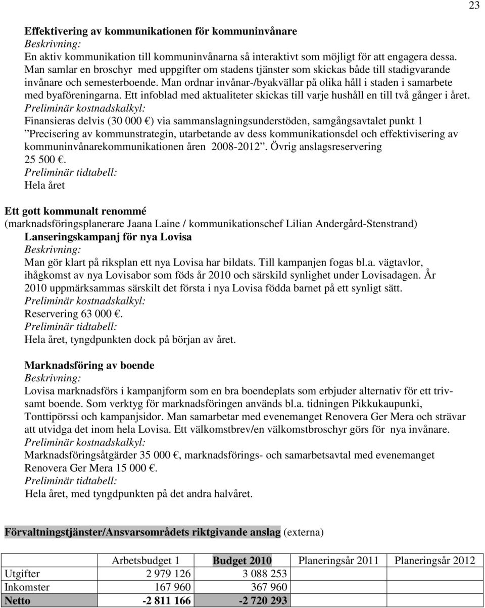 Man ordnar invånar-/byakvällar på olika håll i staden i samarbete med byaföreningarna. Ett infoblad med aktualiteter skickas till varje hushåll en till två gånger i året.