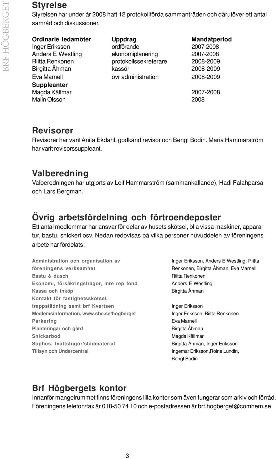 2008-2009 Eva Marnell övr administration 2008-2009 Suppleanter Magda Källmar 2007-2008 Malin Olsson 2008 Revisorer Revisorer har varit Anita Ekdahl, godkänd revisor och Bengt Bodin.