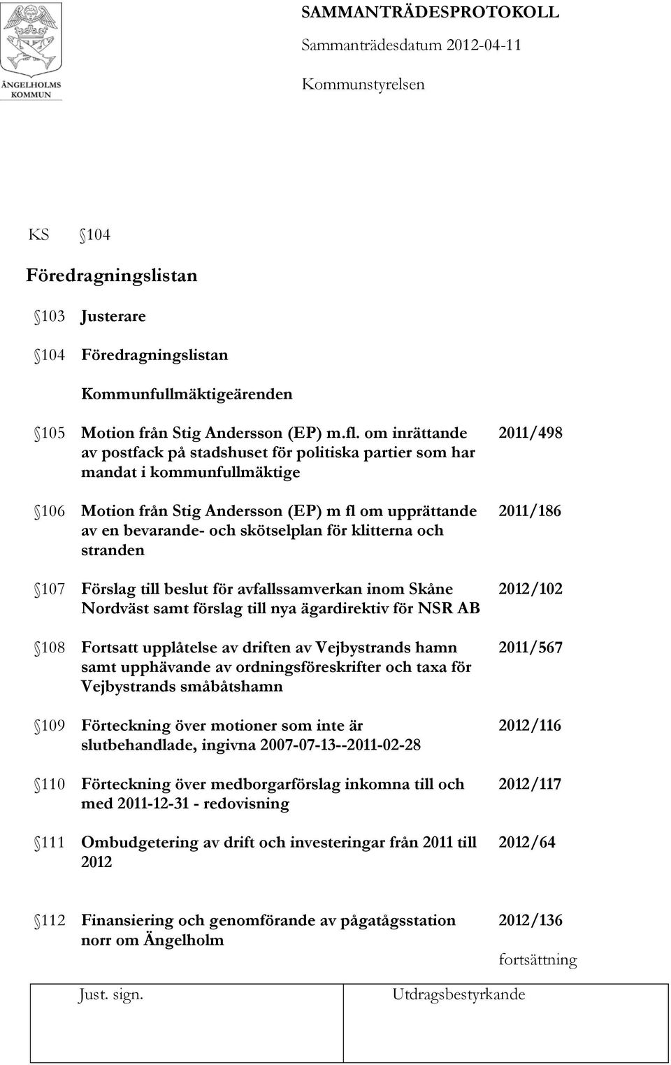 och stranden 107 Förslag till beslut för avfallssamverkan inom Skåne Nordväst samt förslag till nya ägardirektiv för NSR AB 108 Fortsatt upplåtelse av driften av Vejbystrands hamn samt upphävande av