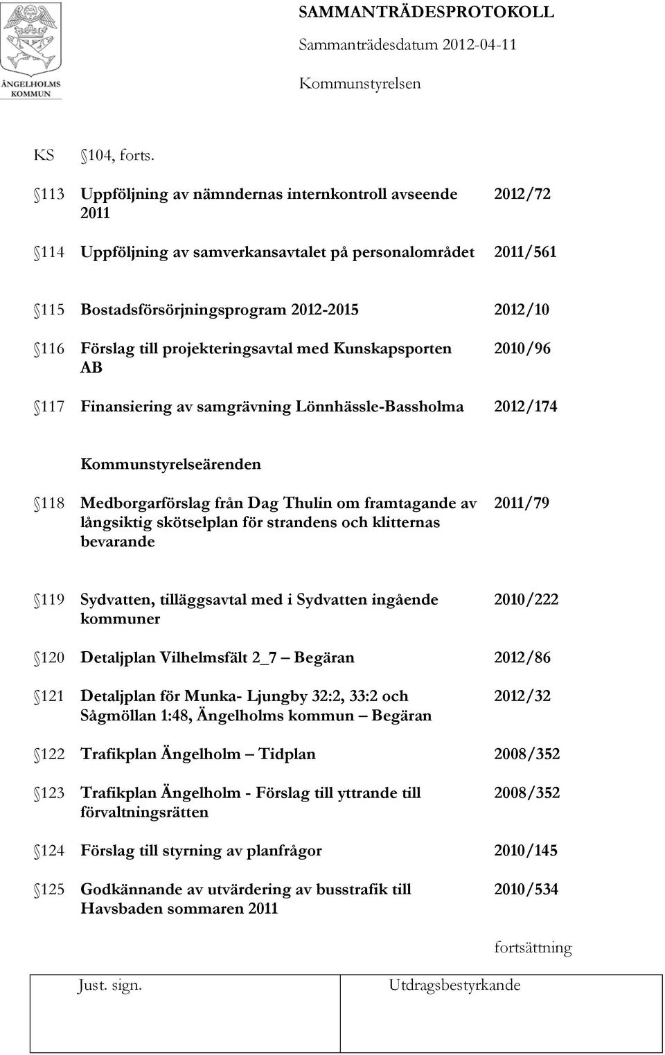 projekteringsavtal med Kunskapsporten AB Finansiering av samgrävning Lönnhässle-Bassholma 2012/10 2010/96 2012/174 118 Kommunstyrelseärenden Medborgarförslag från Dag Thulin om framtagande av