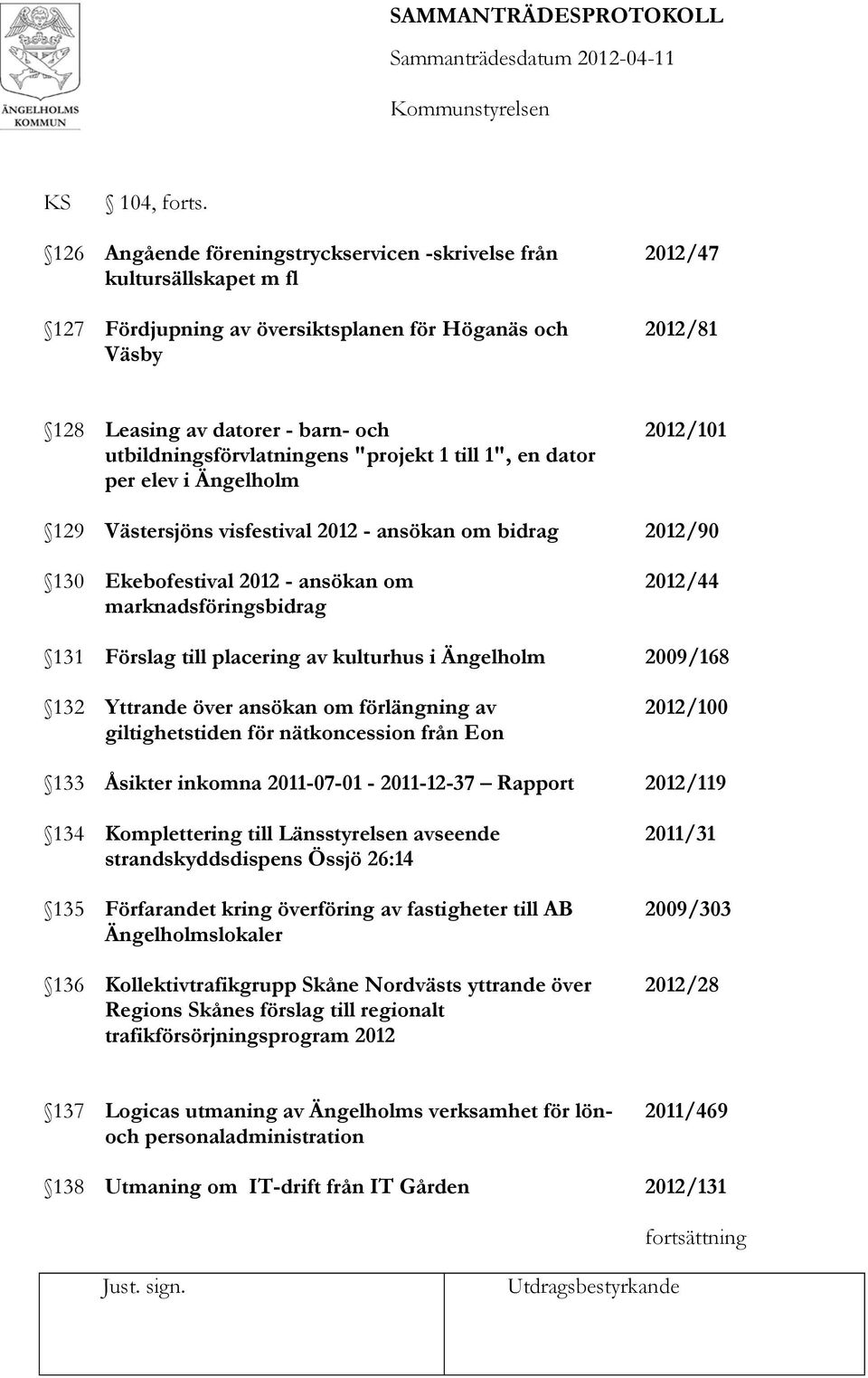 utbildningsförvlatningens "projekt 1 till 1", en dator per elev i Ängelholm 2012/101 129 Västersjöns visfestival 2012 - ansökan om bidrag 2012/90 130 Ekebofestival 2012 - ansökan om