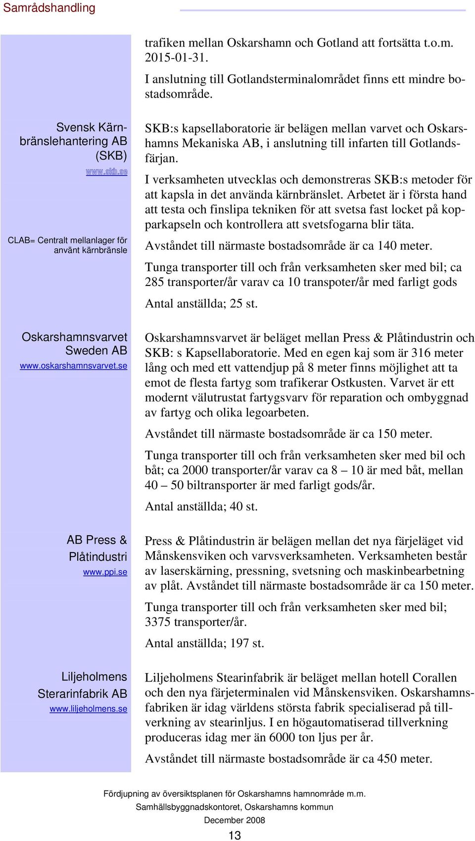 se CLAB= Centralt mellanlager för använt kärnbränsle SKB:s kapsellaboratorie är belägen mellan varvet och Oskarshamns Mekaniska AB, i anslutning till infarten till Gotlandsfärjan.