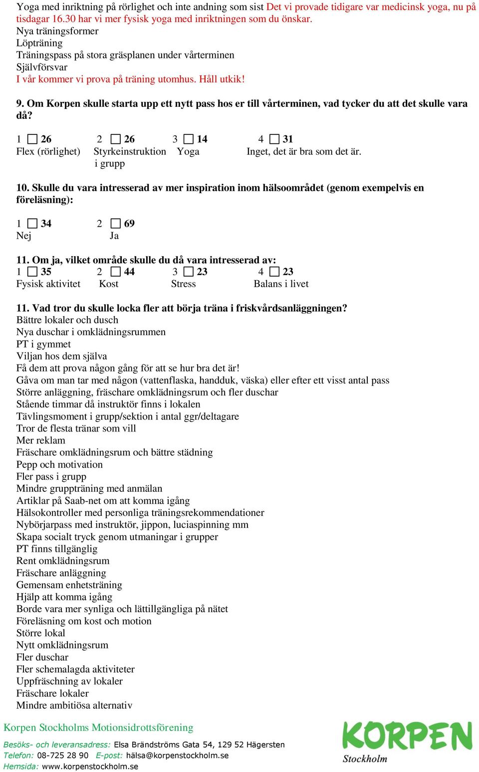 Om Korpen skulle starta upp ett nytt pass hos er till vårterminen, vad tycker du att det skulle vara då? 1 26 2 26 3 14 4 31 Flex (rörlighet) Styrkeinstruktion Yoga Inget, det är bra som det är.