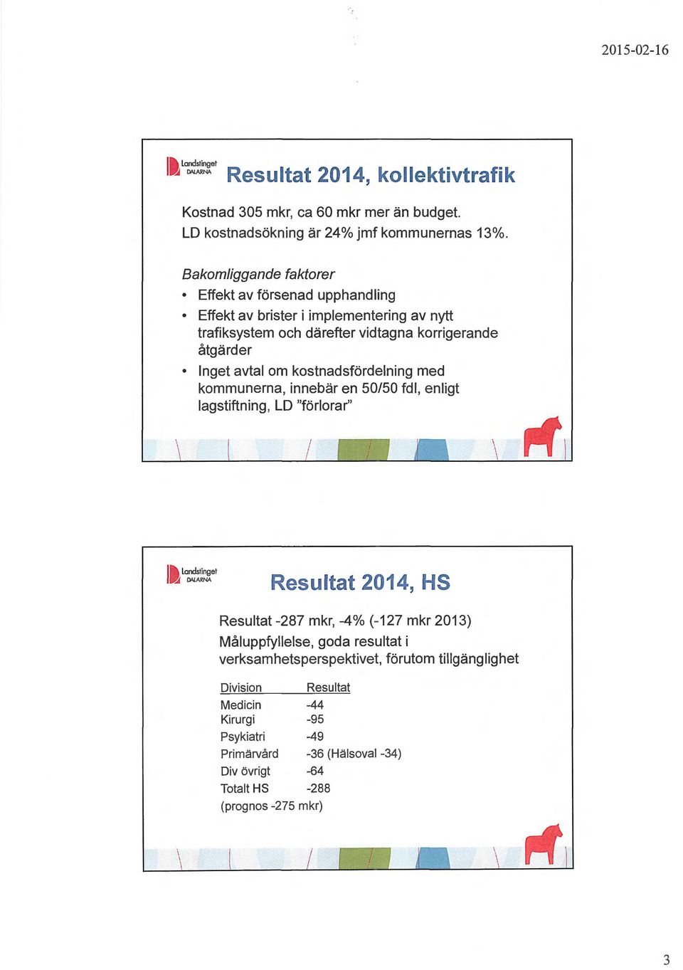 kostnadsfördelning med kommunerna, innebär en 50/50 fdl, enligt lagstiftning, LO "förlorar" I Landstinget CWARNA Resultat 2014, HS Resultat-287 mkr, -4% (-127 mkr 2013)