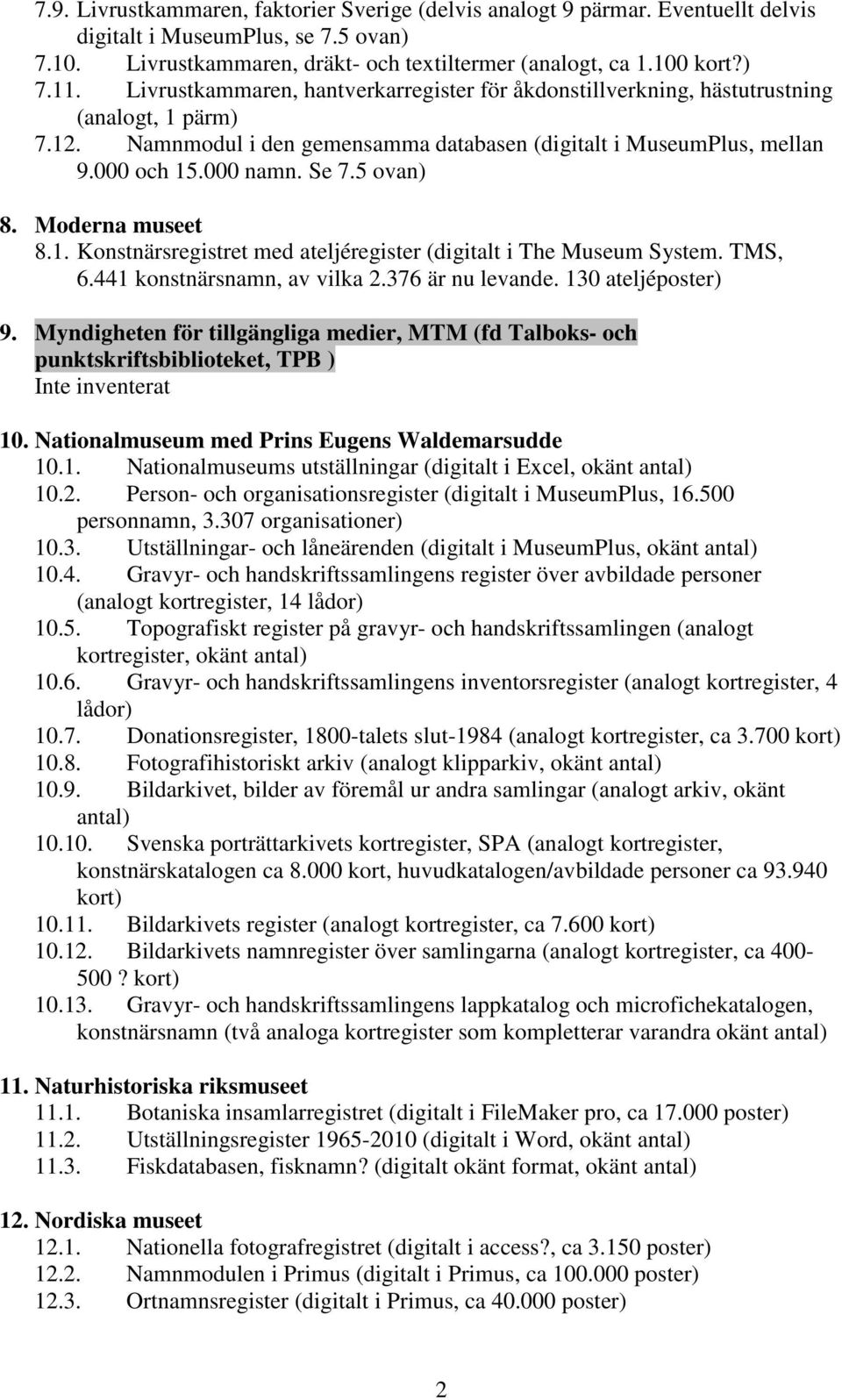 5 ovan) 8. Moderna museet 8.1. Konstnärsregistret med ateljéregister (digitalt i The Museum System. TMS, 6.441 konstnärsnamn, av vilka 2.376 är nu levande. 130 ateljéposter) 9.