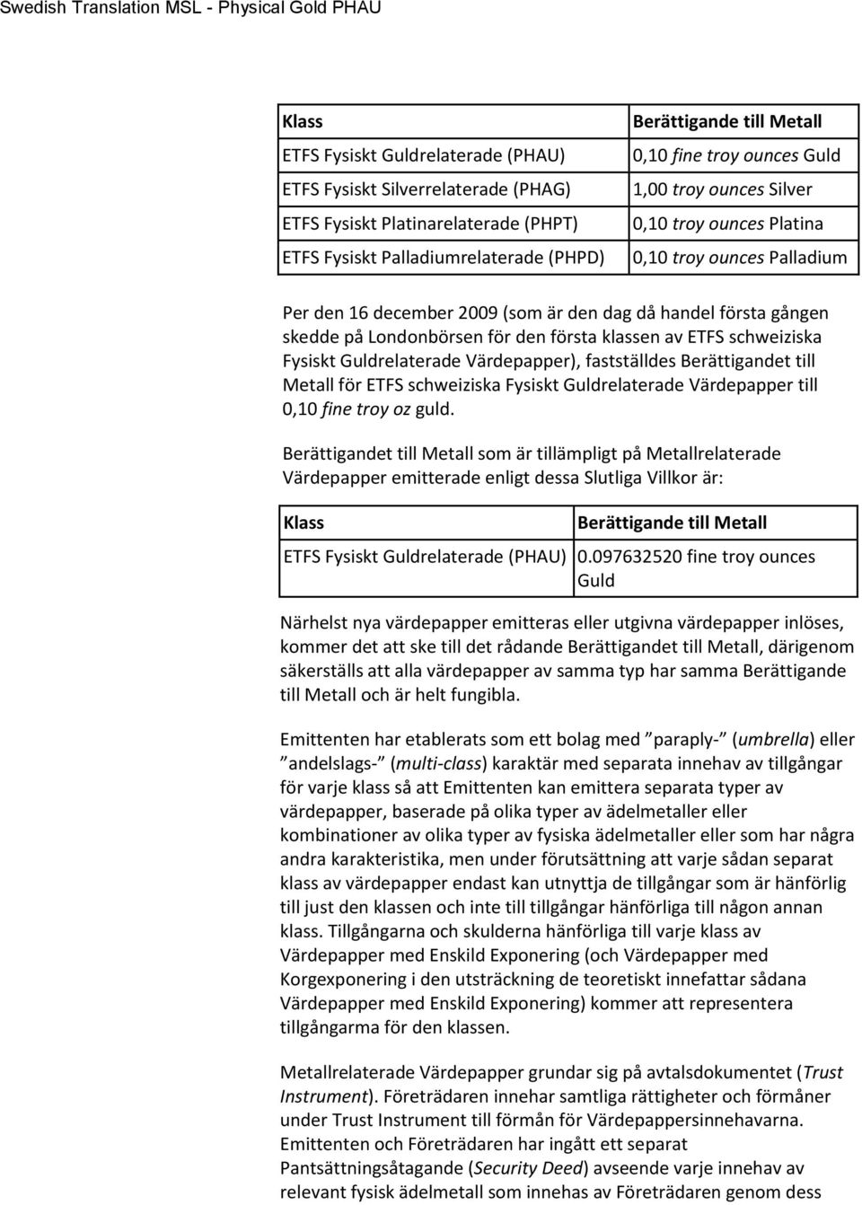 av ETFS schweiziska Fysiskt Guldrelaterade Värdepapper), fastställdes Berättigandet till Metall för ETFS schweiziska Fysiskt Guldrelaterade Värdepapper till 0,10 fine troy oz guld.