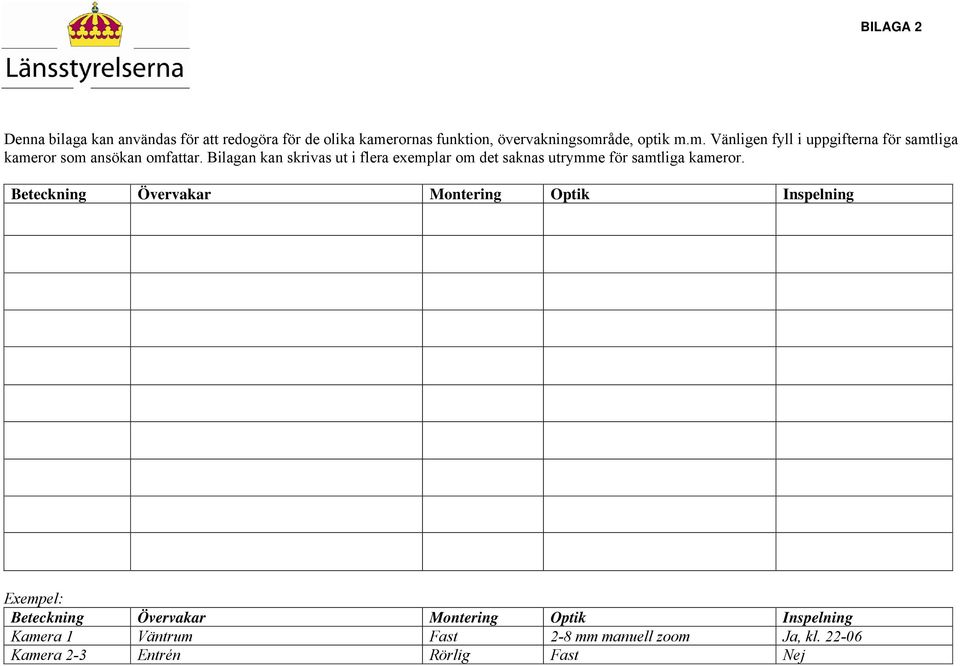 Bilagan kan skrivas ut i flera exemplar om det saknas utrymme för samtliga kameror.