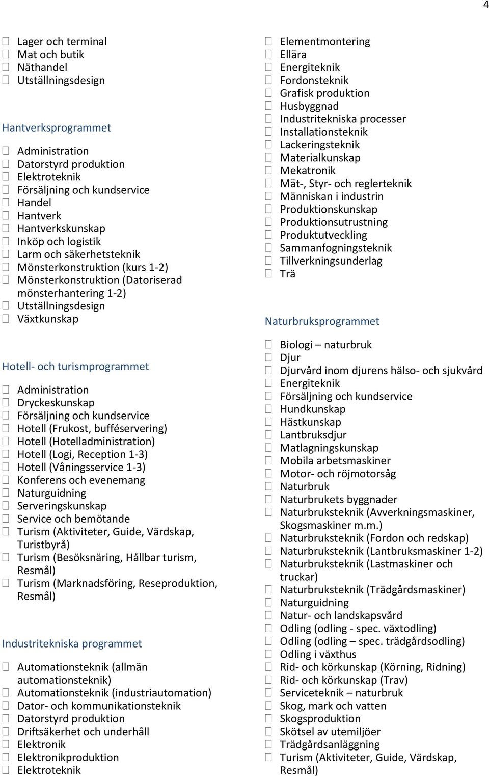 (Logi, Reception 1-3) Hotell (Våningsservice 1-3) Serveringskunskap Service och bemötande Industritekniska programmet Automationsteknik (allmän automationsteknik) Automationsteknik